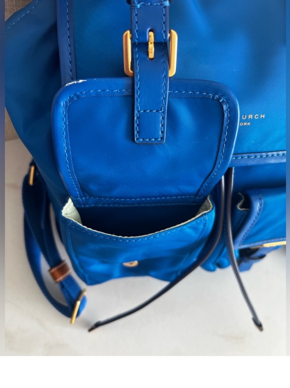 Tory Burch Perry Blue Nylon Backpack Leather Trim Gold Hardware NWOT - Picture 6 of 16